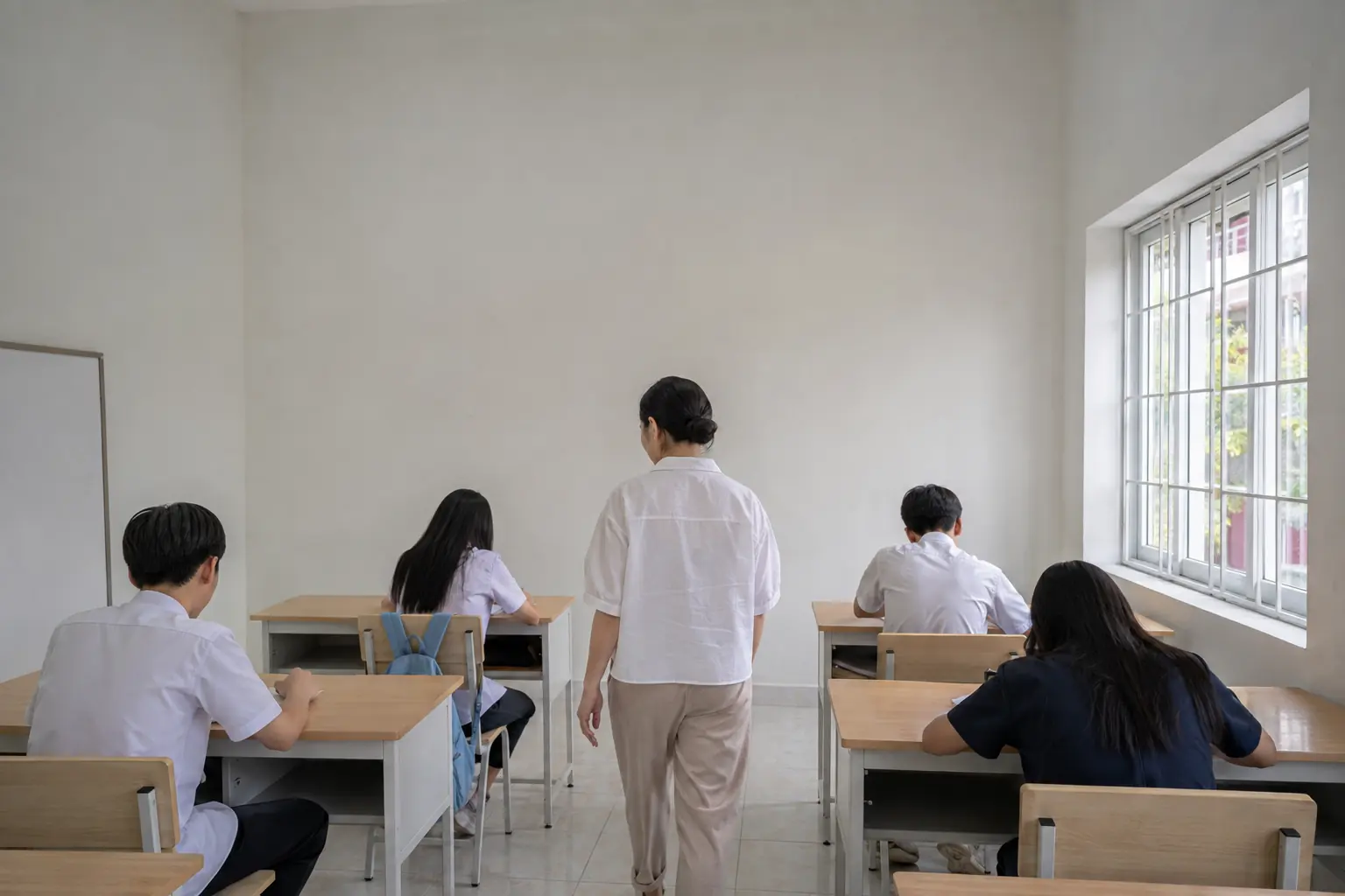A small learning centre room with students at wooden desks and a tutor walking between rows.