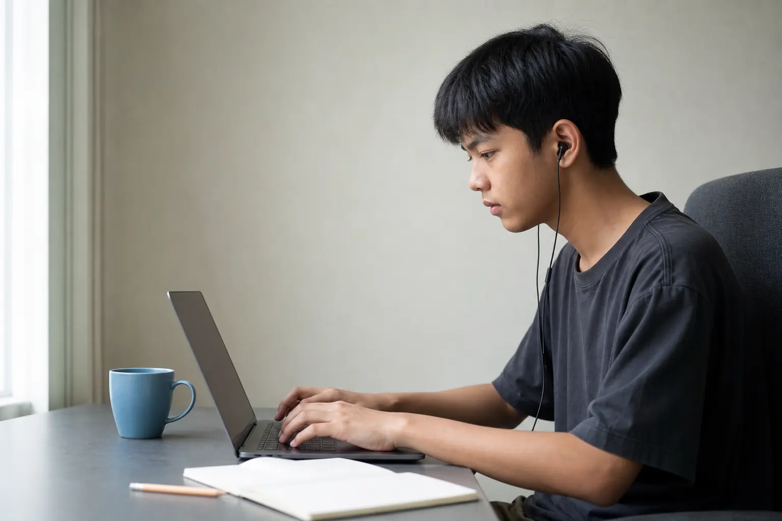 A student at a desk by a window with earbuds in, a laptop and an open notebook.