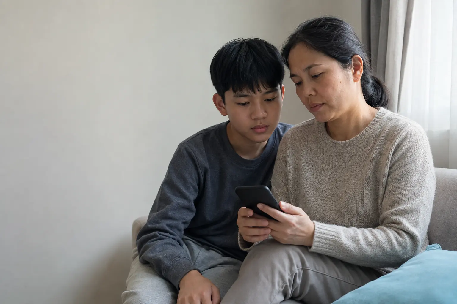 A mother and her son looking at a phone together in their living room.